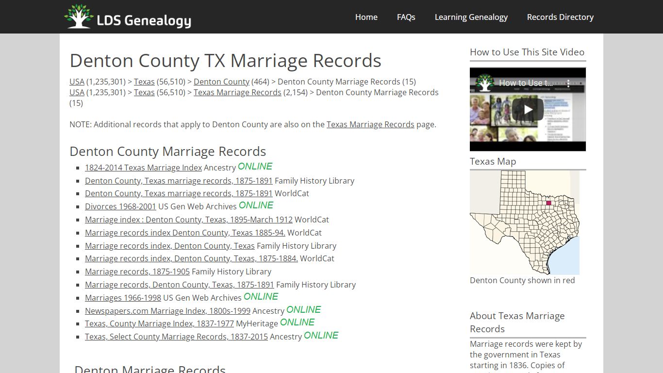 Denton County TX Marriage Records - LDS Genealogy